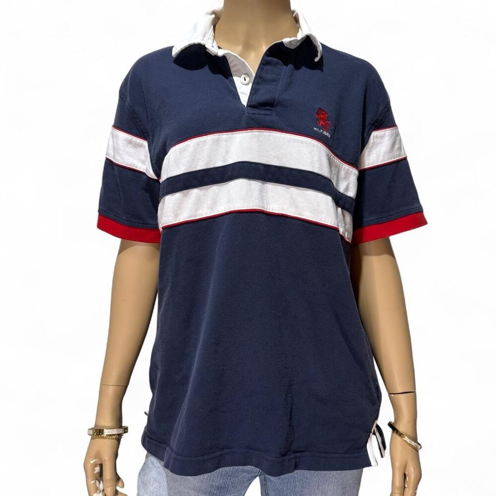 Tommy Hilfiger Mens Vintage Rugby Polo Shirt Small Navy Red Stripe Crest Top